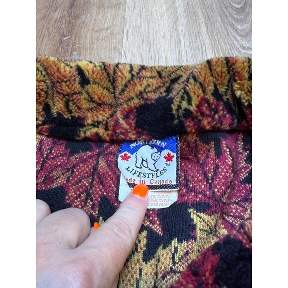 Vintage Chunky Fleece Vest Fall Leaves Print Made in Canada - Picture 5 of 7